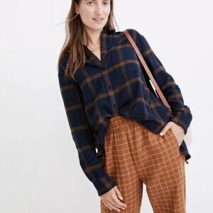 Madewell Flannel Oversized Ex-Boyfriend Shirt Womens Size S Plaid Blue Tan